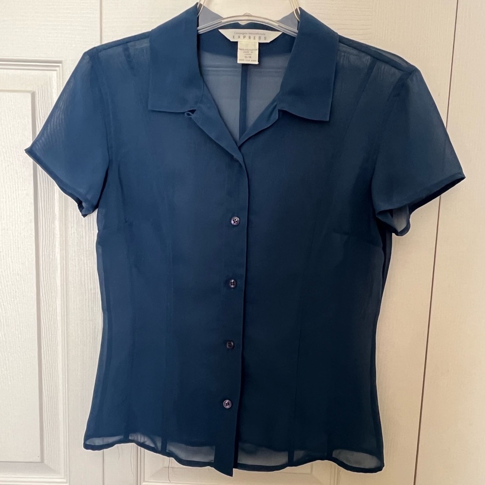 Express Sheer Blue Notched Collar Short Sleeve Blouse